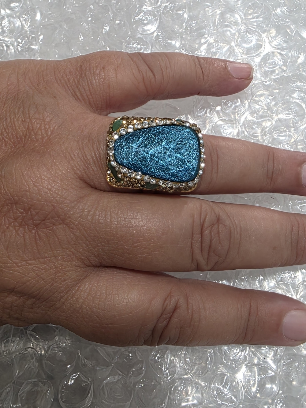 Turkish Natural Stone Gold Statement Ring with Teal Stone Crystal Accents